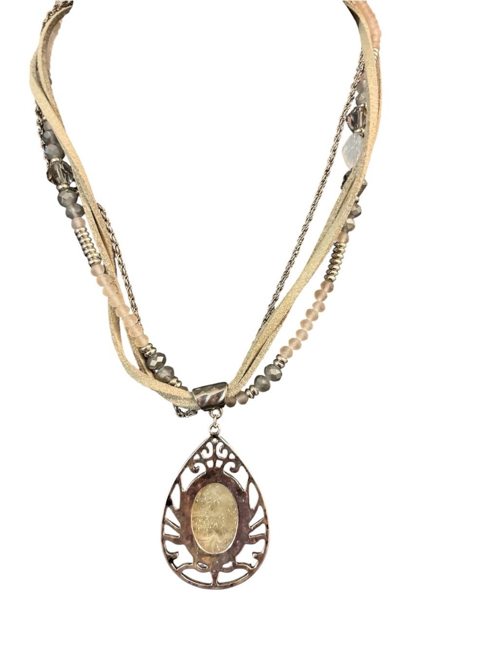 Boho Multi-Strand Beige and Silver Pendant Necklace